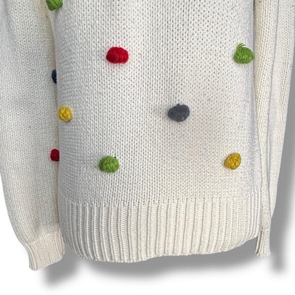 ModCloth White Knit Sweater Multicolor Rainbow Pom Poms Polka Dot Crewneck - Picture 3 of 9